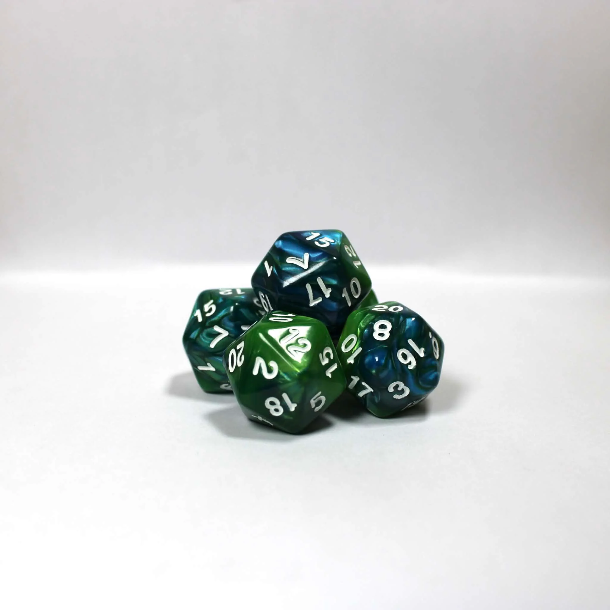 D20s (5) Pearl Green & Blue (white) dice - Image 2